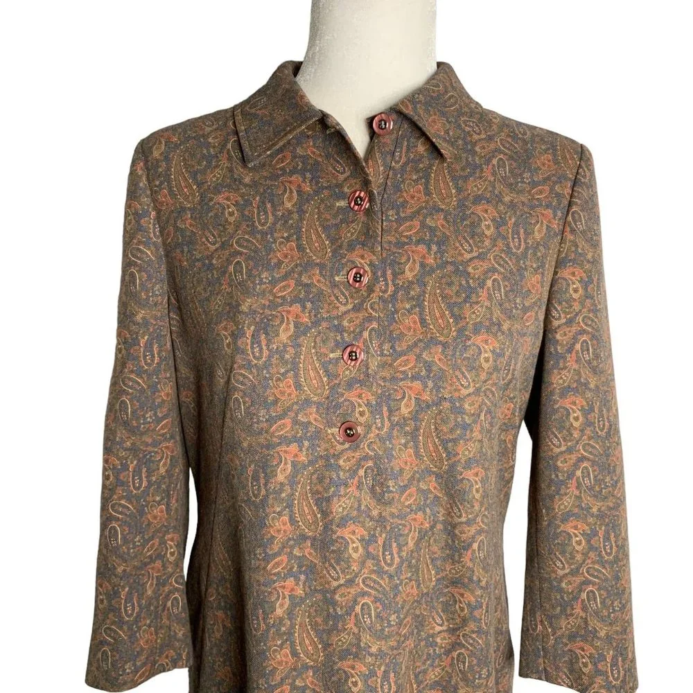LA Sposaii Korean Retro Shift Dress M Blue Paisley Long Sleeve Button Collar Zip